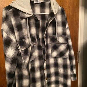 Black and White Plaid Hooded Shirt